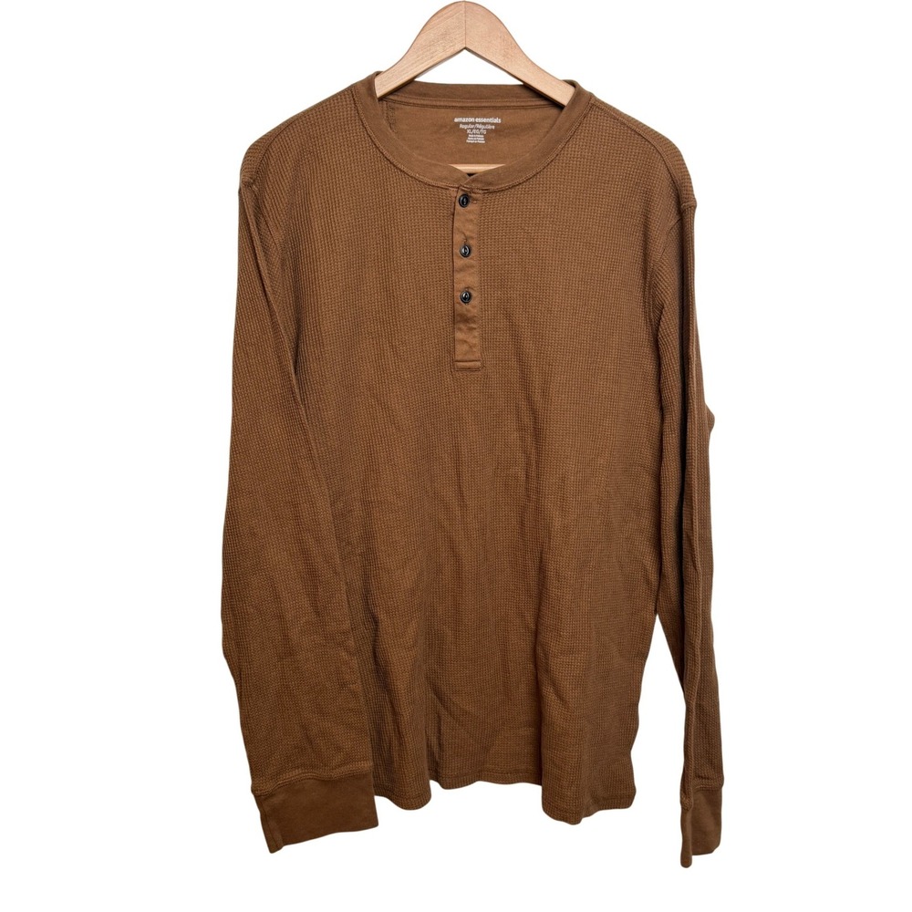 Mens Waffle Knit Henley Shirt XL Brown Thermal Layering Outdoors Minimalist Gorp